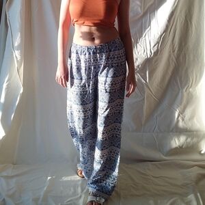 Blue Patterned Boho Wide Leg Summer Pants